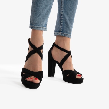 SANDALE DIN PIELE ECOLOGICA Intoarsa cu Toc Gros CRL0755 Negru - Img 2