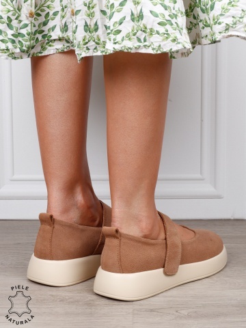 Balerini damă din piele naturală Intoarsa cu baretă reglabilă CRL1806 KHAKI - Img 3