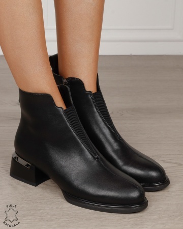 Botine damă din piele naturală cu elastic frontal CRL1882 NEGRU