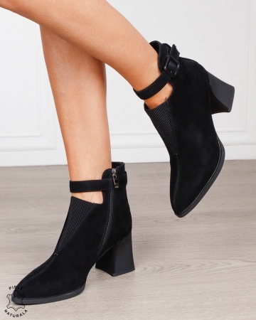 Botine damă din piele naturală întoarsă, cu elastic frontal și baretă cu cataramă CRL1885 NEGRU - Img 4