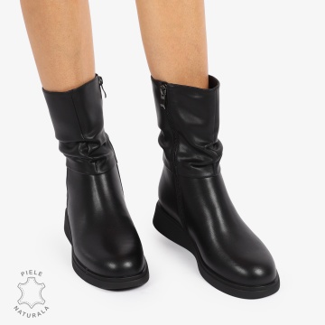 Cizme dama piele naturala scurte cu talpa plata si Detaliu Lateral CRL1256 NEGRU - Img 2
