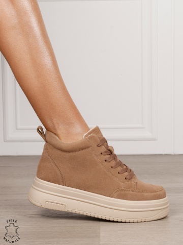Ghete casual din piele naturală cu talpa solida CRL1510 KHAKI INTOARSA