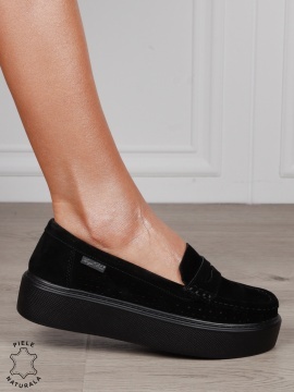 MOCASINI damă din piele naturală intoarsa cu talpa inalta CRL1580 NEGRU