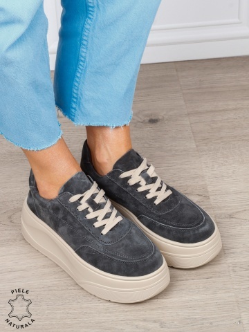 Pantofi casual damă din piele întoarsă naturală cu siret CRL1822 GRI - Img 2