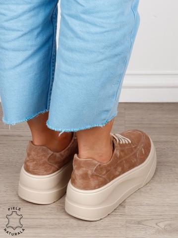 Pantofi casual damă din piele întoarsă naturală cu siret CRL1822 KHAKI - Img 3