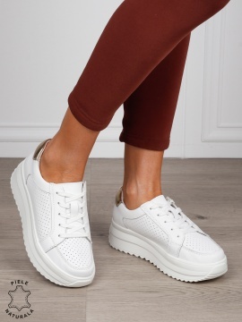 Pantofi Casual damă din piele naturală confortabile CRL1572 ALB CU AURIU - Img 2