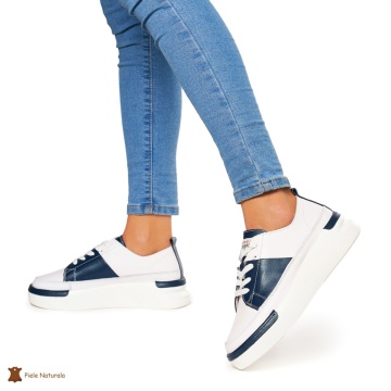 Pantofi Casual dama din Piele naturala cu talpa groasa CRL0056 ALB CU NAVY - Img 3