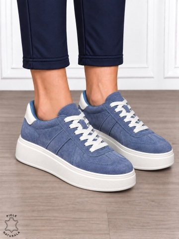 Pantofi casual damă din piele naturală întoarsă cu model lateral CRL1918 ALBASTRU