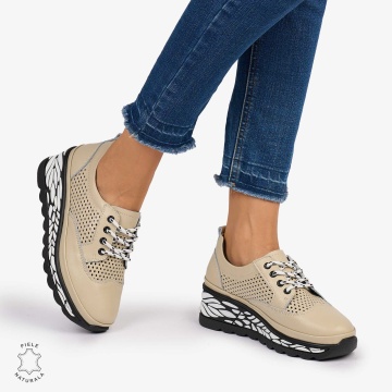 Pantofi Casual dama din Piele Naturala perforata talpa speciala cu model CRL1073 CULOARE: BEJ - Img 4