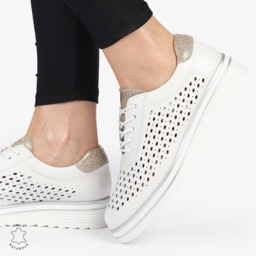 Pantofi Casual dama din piele naturala Perforati CRL0782 ALB - Img 4