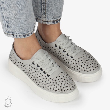 Pantofi Casual dama din Piele naturala PERFORATI USORI CU SIRET CRL1341 GRI - Img 2