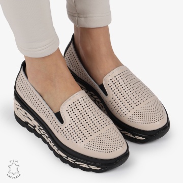 Pantofi Casual dama PERFORATI din Piele naturala CU DESIGN PE TALPA SLIP-ON CRL1337 ROZ - Img 3