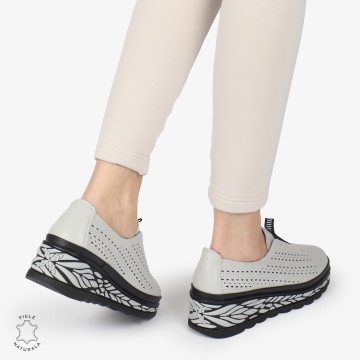 Pantofi Casual dama PERFORATI din Piele naturala CU DESIGN PE TALPA SLIP-ON CRL1338 GRI - Img 4