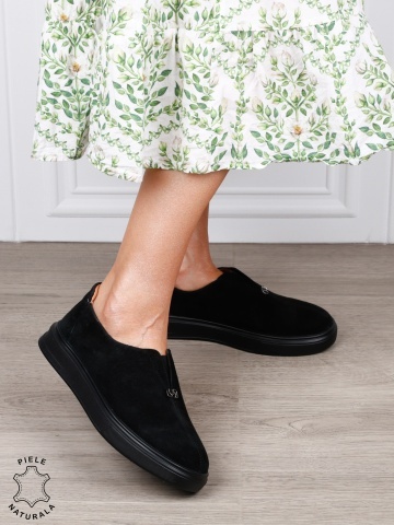 Pantofi casual dama slip-on din piele naturală intoarsa cu aspect modern CRL1817 NEGRU - Img 2