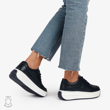 Pantofi Casual de dama din Piele Naturala cu talpa Inalta CRL1201 BLEUMARIN - Img 3