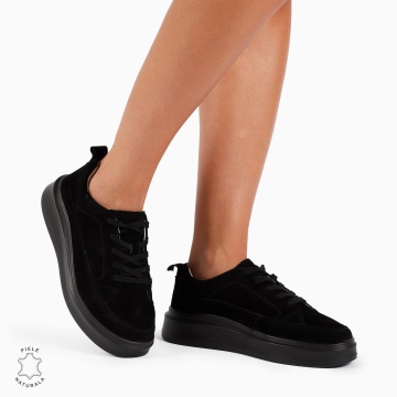 Pantofi Casual de dama din Piele Naturala INTOARSA CU TALPA INALTA CRL1210 NEGRU - Img 2