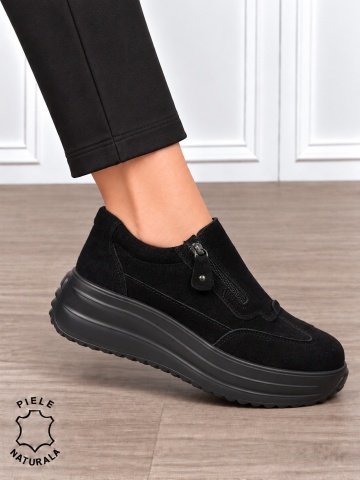 Pantofi casual din piele naturală întoarsă cu inchidere fermoar CRL1919 Negru - Img 3