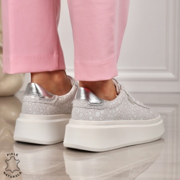 Pantofi CASUAL PIELE NATURALA CU SIRET CRL1450 ALB cu argintiu - Img 2