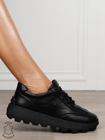 Pantofi damă din piele naturală cu șiret model versatil CRL1852 NEGRU - Img 2