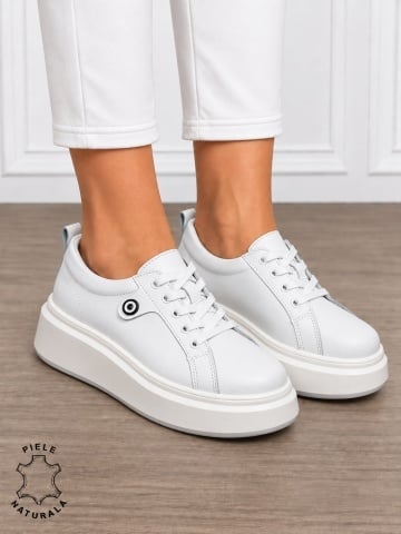 Pantofi damă din piele naturală cu șiret si talpa groasa CRL1858 ALB