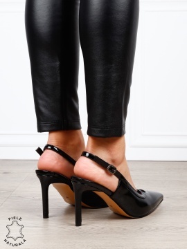 Pantofi dama eleganti din piele naturala Lacuita cu toc subtire clasic CRL1635 NEGRU - Img 4