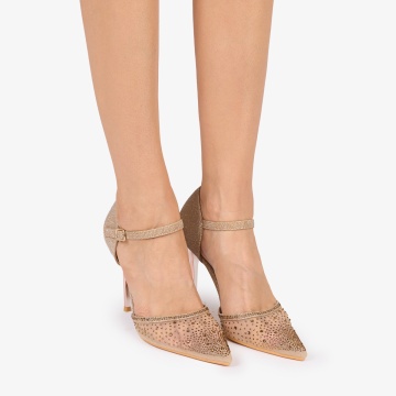 PANTOFI ELEGANTI dama din Piele ECOLOGICA SI STRASURI Aurii CU TOC Subtire CRL1030 AURIU - Img 2