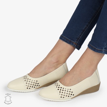 Pantofi Perforati Dama Piele Naturala Slip-on CRL0077 BEIGE - Img 4