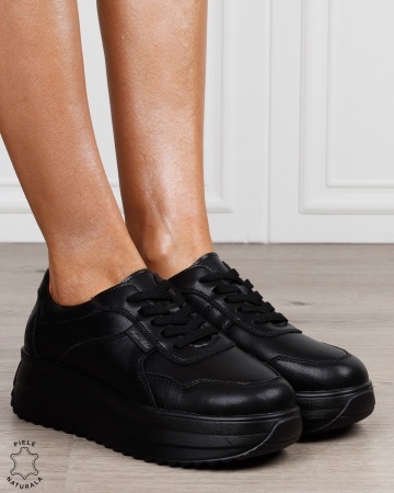 Pantofi sport damă din piele naturală cu siret CRL1881 NEGRU