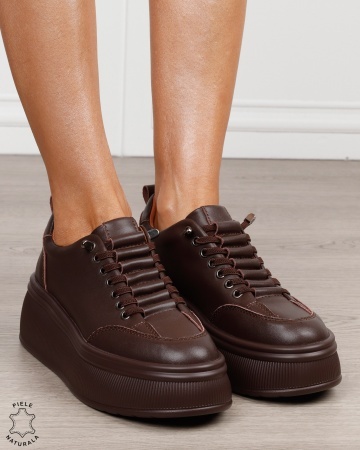 Pantofi sport damă din piele naturală cu șiret special CRL1880 CAFENIU