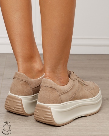 Pantofi sport damă din piele naturală întoarsă cu talpă înaltă CRL1862 KHAKI - Img 3