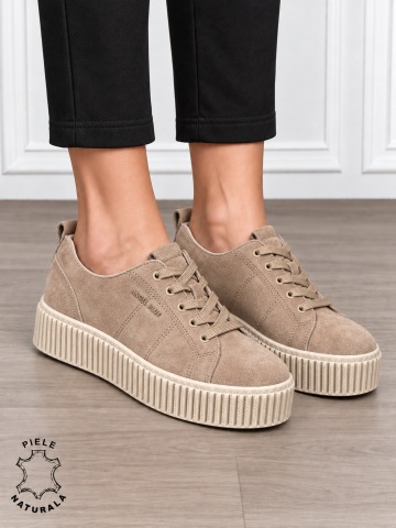 Pantofi sport damă din piele naturală intoarsa stil clasic CRL1868 KHAKI