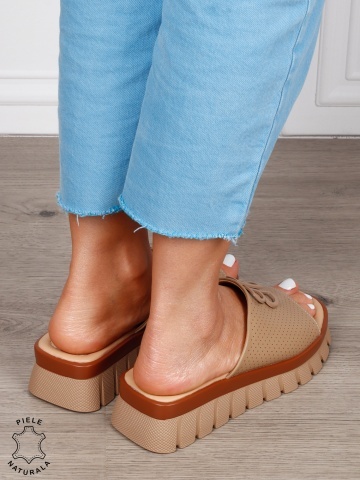 Papuci Damă din Piele Naturală cu Detalii Perforate și Talpă Groasă CRL1264 KHAKI - Img 2