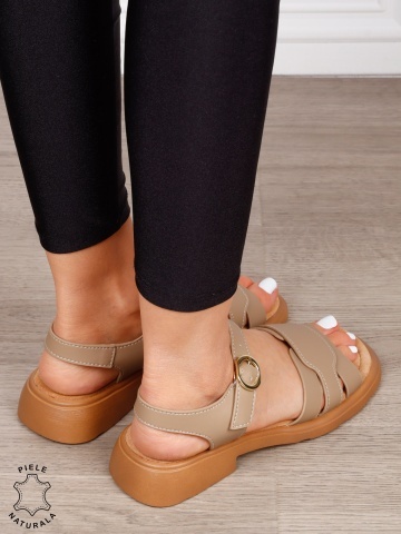 Sandale dama din Piele Naturala CU TOC MIC PATRAT CRL1559 KHAKI - Img 4