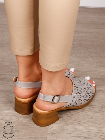 Sandale damă din piele naturală model elegant cu toc și design perforat CRL1660 GRI - Img 3