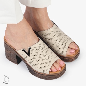 Sandale elegante din piele naturală CU TOC GROS SI INALT CRL1405 BEJ - Img 3
