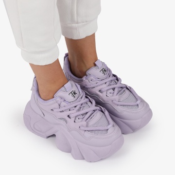 SNEAKERS din PIELE ECOLOGICA SI TEXTIL CU SIRETURI DUBLE SI TALPA INALTA CRL1287 MOV - Img 5
