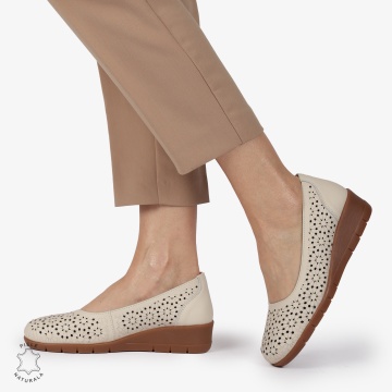 Balerini dama din Piele Naturala cu talpa groasa si Perforati CRL01381 BEJ - Img 2