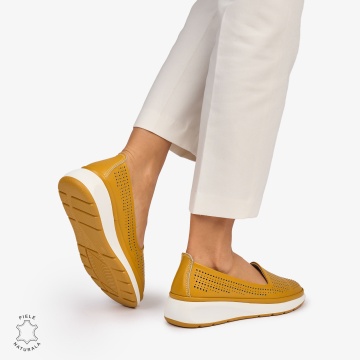 Balerini dama din Piele Naturala Perforata CRL1075 CULOARE: Mustar - Img 4