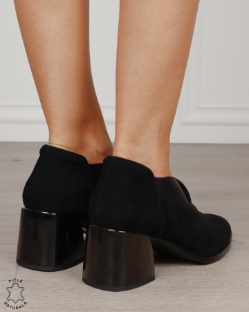Botine damă din piele naturală întoarsă cu bandă elastică și toc gros CRL1886 NEGRU - Img 3