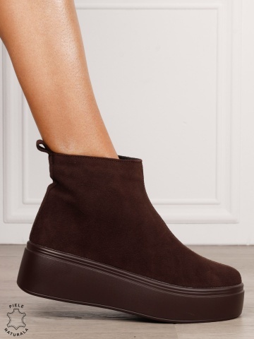 Ghete casual din piele naturală intoarsa cu talpa solida cu fermoar CRL1511 CAFENIU - Img 2