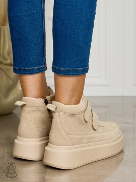 Ghete casual din piele naturală intoarsa cu talpa solida Velcro si fermoar CRL1512 BEJ SUEDE - Img 3