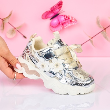 Incaltaminte copii din piele ecologica cu siret special si decor floral lateral CRL1468 - Img 3