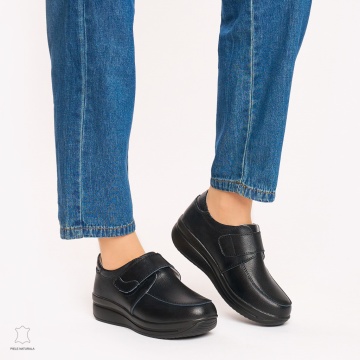 Mocasini dama din piele naturala cu talpa groasa CRL0004 NEGRU