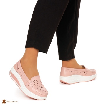 Mocasini Dama Piele Naturala perforati cu talpa groasa CRL0079 ROZ - Img 2