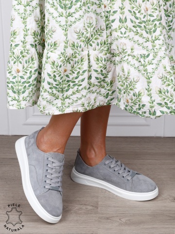 Pantofi casual damă din piele întoarsă naturală cu detaliu decorativ frontal CRL1821 GRI - Img 2