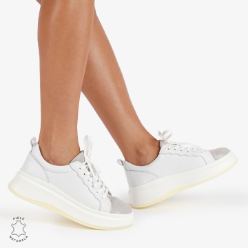 Pantofi Casual DAMA din PIELE Naturala CRL0947 CULOARE: ALB CU ARGINTIU - Img 2