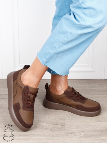 Pantofi casual dama din piele naturală cu finisaj premium CRL1823 CAFENIU - Img 2