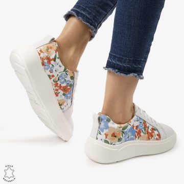 Pantofi Casual DAMA din PIELE Naturala cu imprimeu floral CRL0949 CULOARE: Alb - Img 4