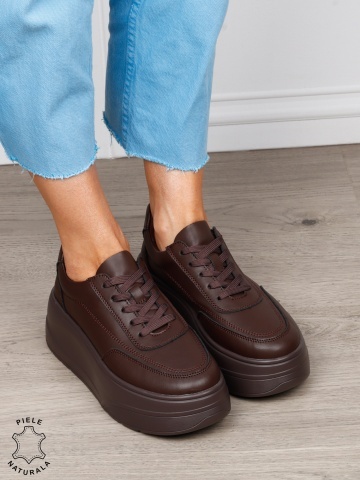 Pantofi casual damă din piele naturală cu siret CRL1822 CAFENIU - Img 2