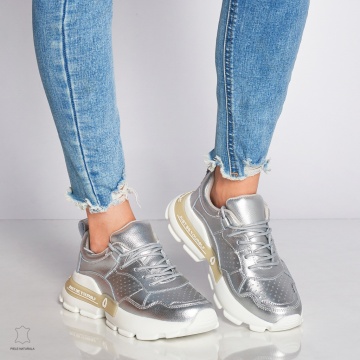 Pantofi Casual dama din Piele naturala cu talpa groasa CRL0046 Argintiu